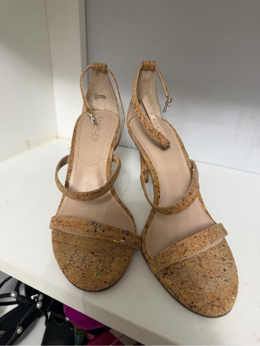 Charles by Charles David Cork Open-Toe Strappy Heels in Natural Cork